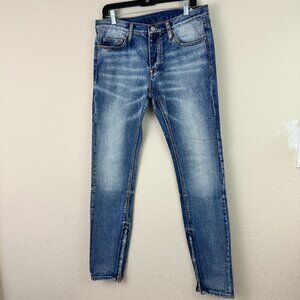 MNML Jeans Mens 32x42 Blue Slim Tapered Stretch Ankle Zip Light Wash